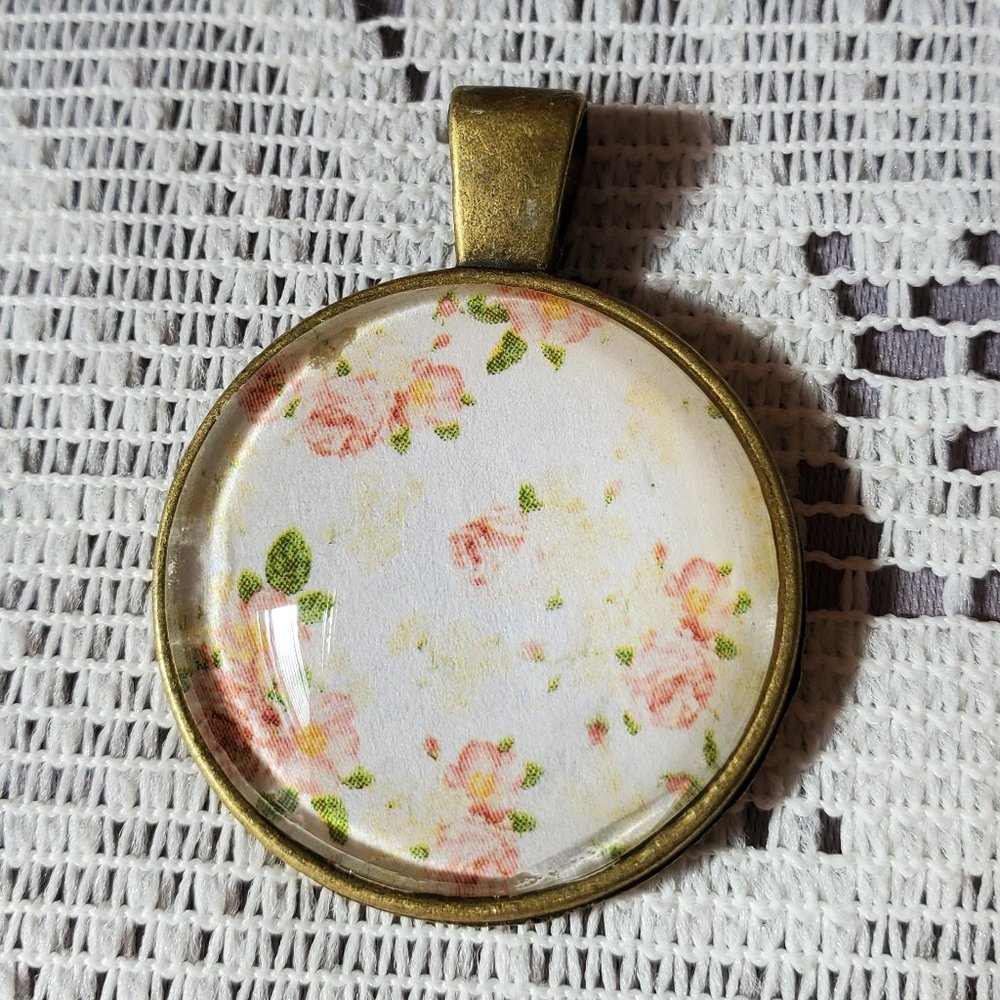 Floral Print Glass Cabochon Pendant - Handmade